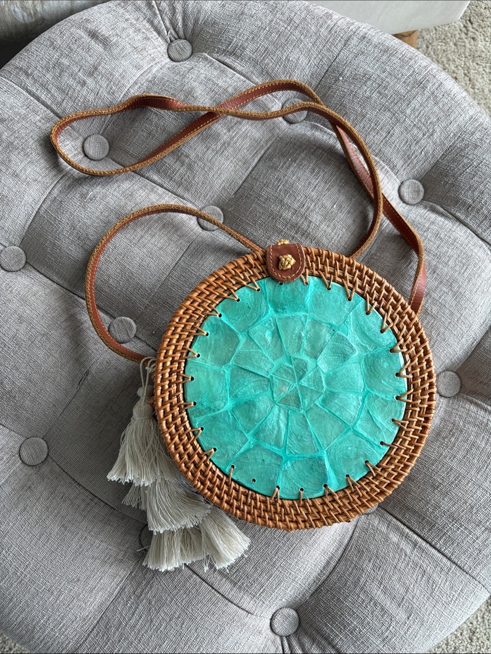 Woven Round Crossbody Bag with Turquoise Leather Center